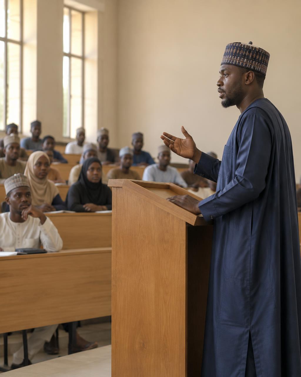 A researcher presenting to a conference audience